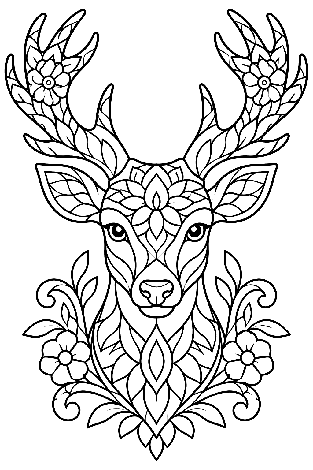 Deer head with antlers made of ornate mandala patterns and flowing floral swirls coloring page