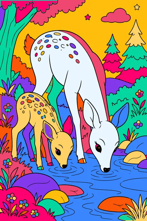 Mother deer and fawn drinking from a stream beside smooth rocks coloring page
