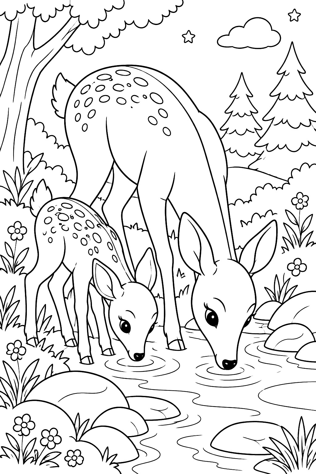 Mother deer and fawn drinking from a stream beside smooth rocks coloring page
