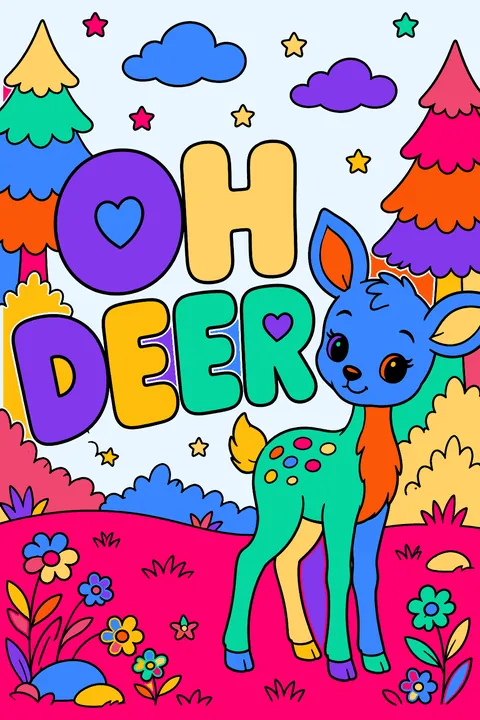 Big outline bubble letters spelling oh deer with a cute fawn beside them coloring page