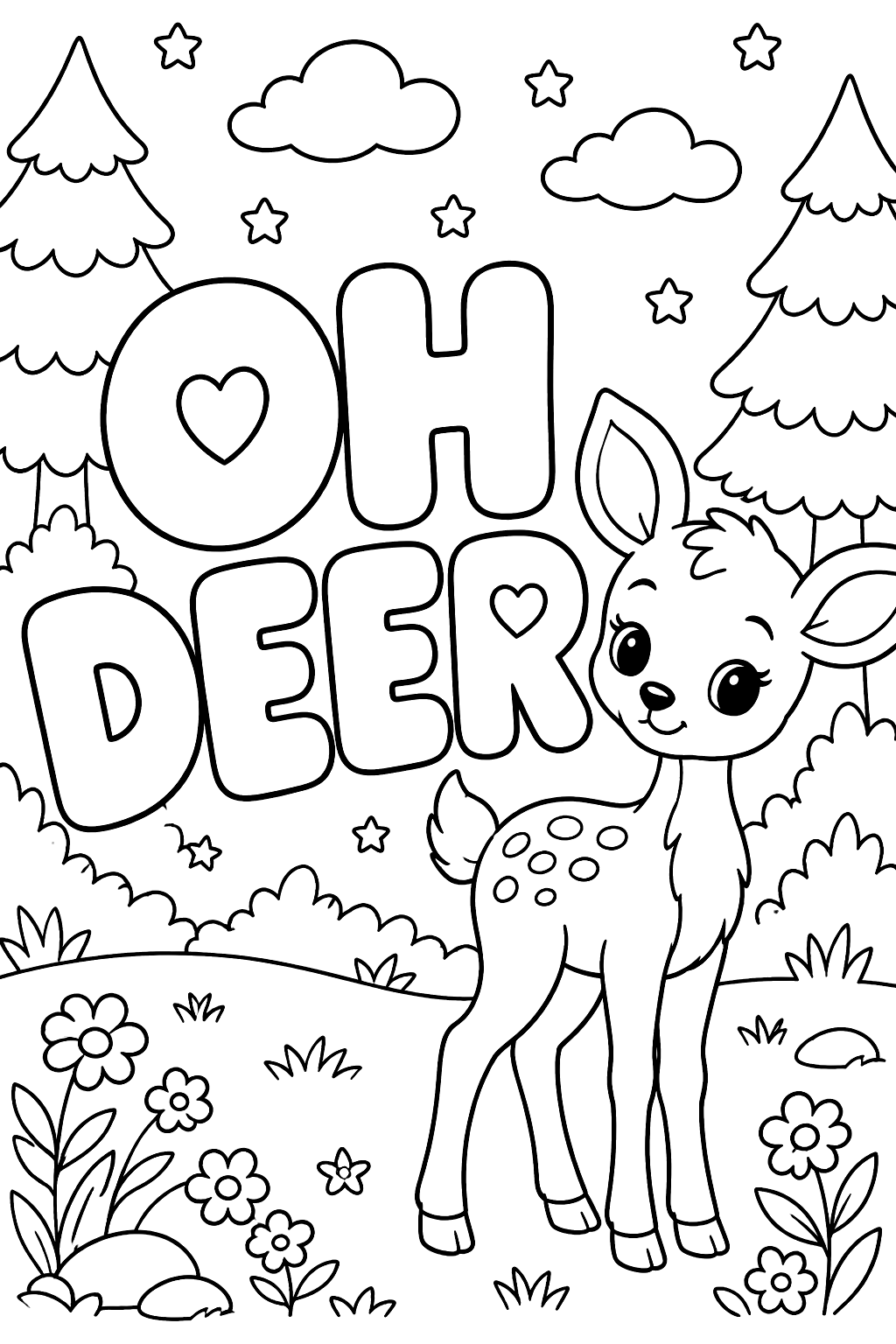 Big outline bubble letters spelling oh deer with a cute fawn beside them coloring page