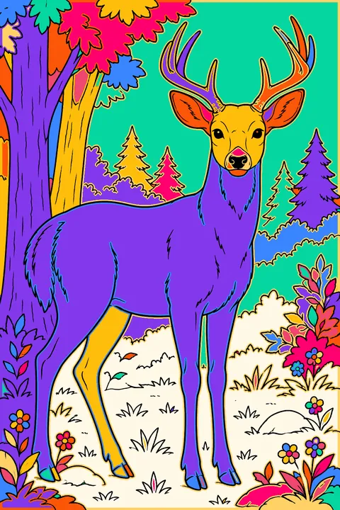 Realistic white-tailed deer portrait standing alert at the edge of the woods coloring page