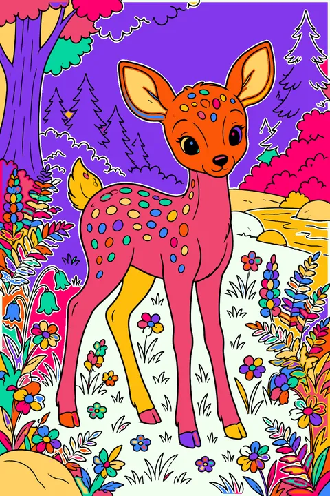 Spotted fawn standing in a forest meadow among wildflowers and ferns coloring page