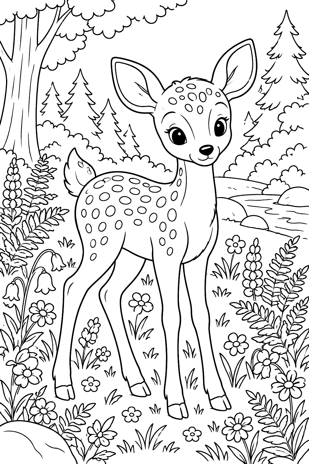Spotted fawn standing in a forest meadow among wildflowers and ferns coloring page