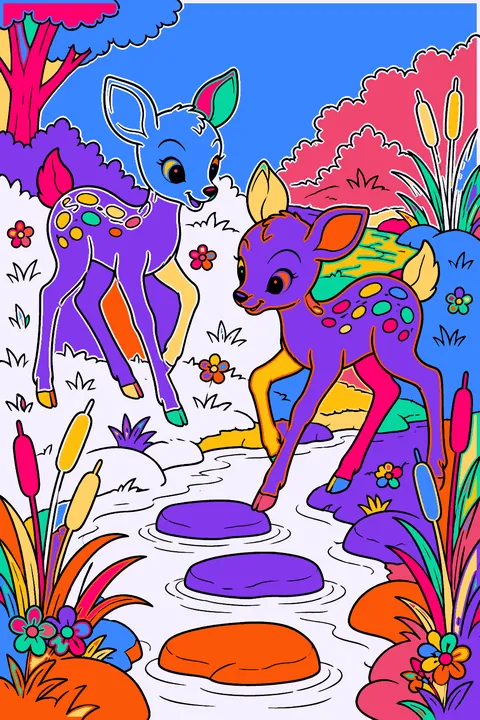 Twin fawns playing beside a creek with stepping stones and cattails coloring page