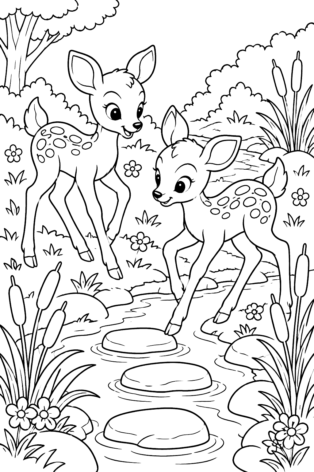 Twin fawns playing beside a creek with stepping stones and cattails coloring page