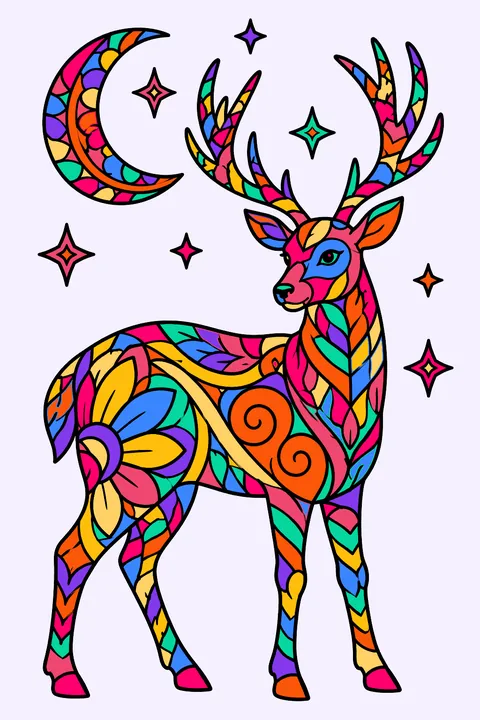 Deer filled with zentangle patterns under a crescent moon and decorated stars coloring page