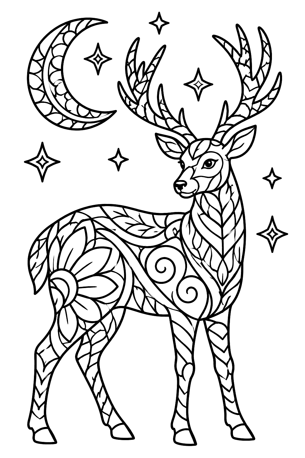 Deer filled with zentangle patterns under a crescent moon and decorated stars coloring page