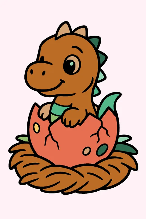 Cute baby dinosaur hatching from a cracked egg in a nest coloring page