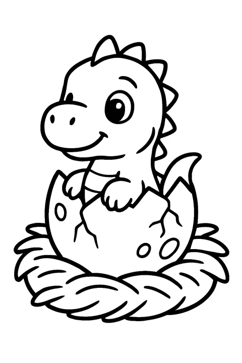 Cute baby dinosaur hatching from a cracked egg in a nest coloring page