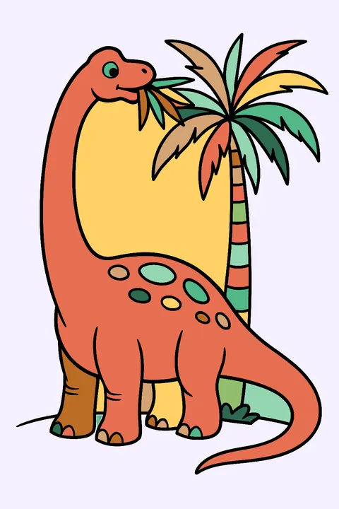 Long-necked brachiosaurus eating leaves from a palm tree coloring page