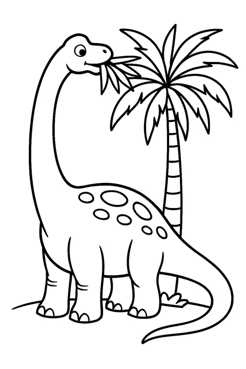 Long-necked brachiosaurus eating leaves from a palm tree coloring page