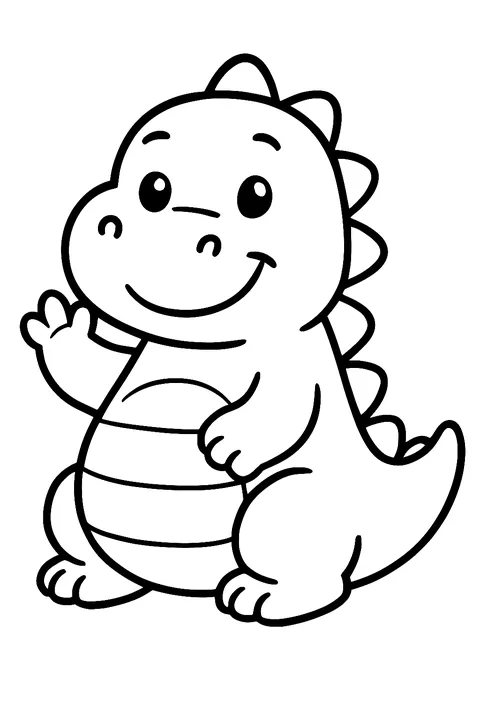 Very cute chubby cartoon dinosaur smiling and waving coloring page