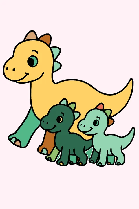 Dinosaur mother walking with two babies coloring page