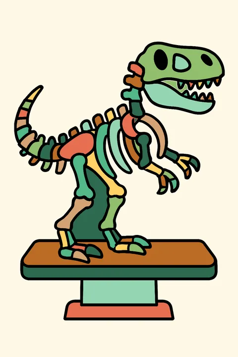 Dinosaur fossil skeleton on a museum stand coloring page