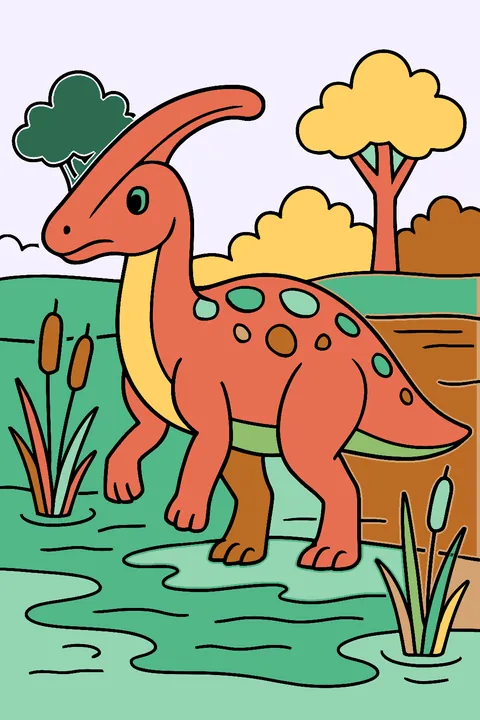 Parasaurolophus with a long head crest standing in a swamp coloring page
