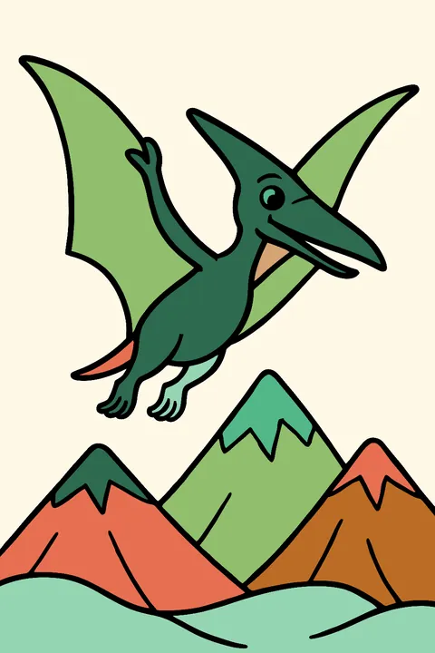 Pterodactyl flying over mountains coloring page