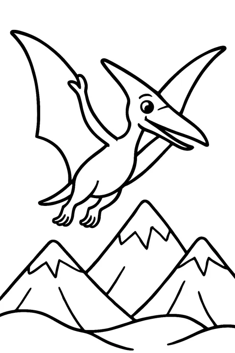 Pterodactyl flying over mountains coloring page