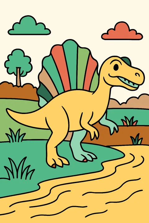 Spinosaurus with a tall sail on its back by a river coloring page