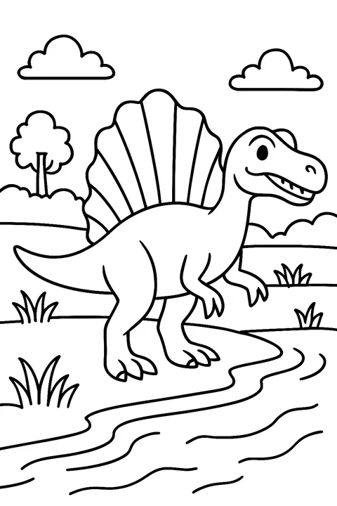 Spinosaurus with a tall sail on its back by a river coloring page