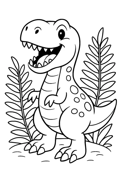 Friendly Tyrannosaurus rex roaring among ferns coloring page