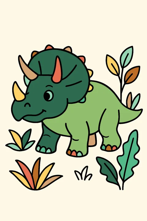 Triceratops with three horns and a big frill coloring page