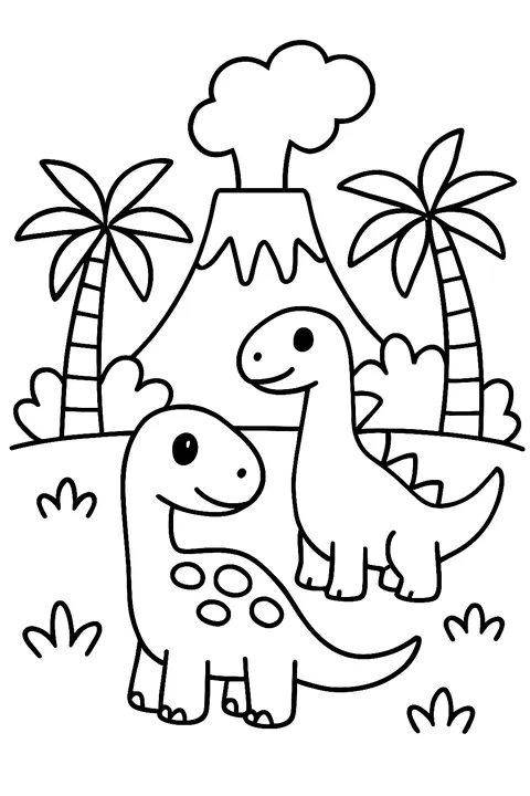 Dinosaurs near a smoking volcano with palm trees coloring page
