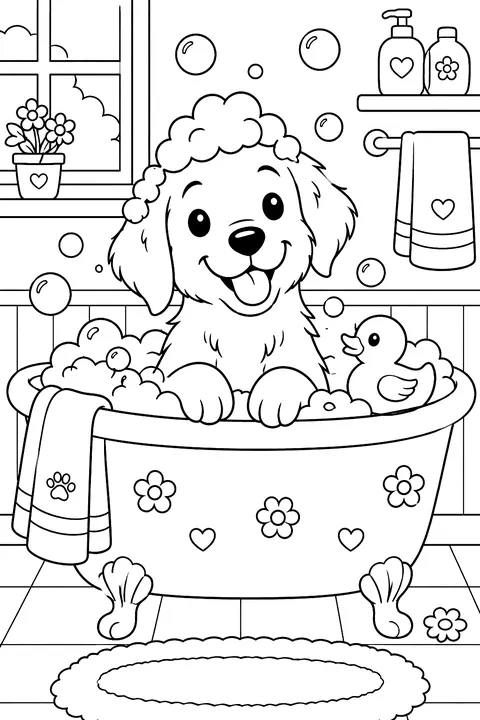 Dog in a bubble bath with a rubber duck coloring page