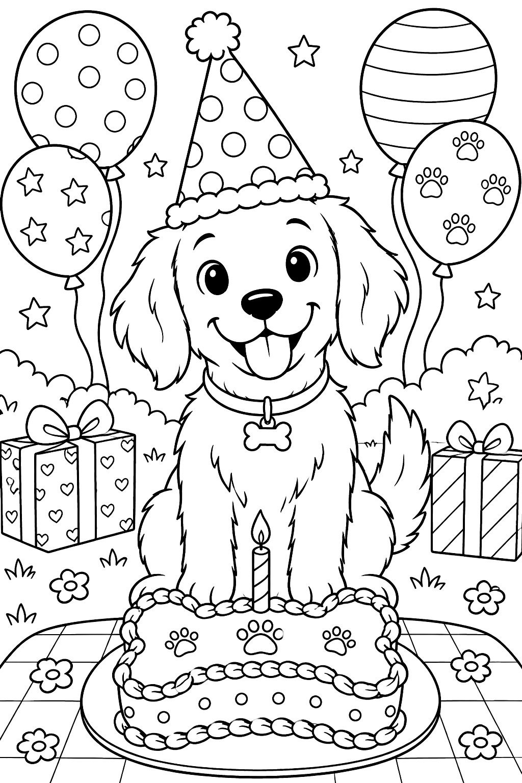 Dog in a party hat with a bone-shaped cake and balloons coloring page