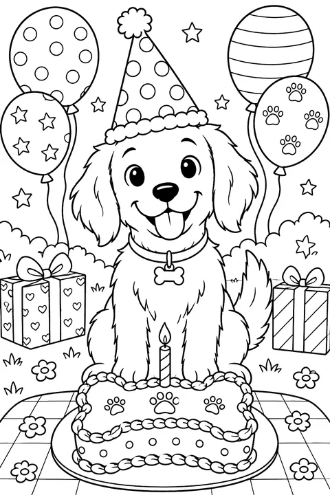 Dog in a party hat with a bone-shaped cake and balloons coloring page