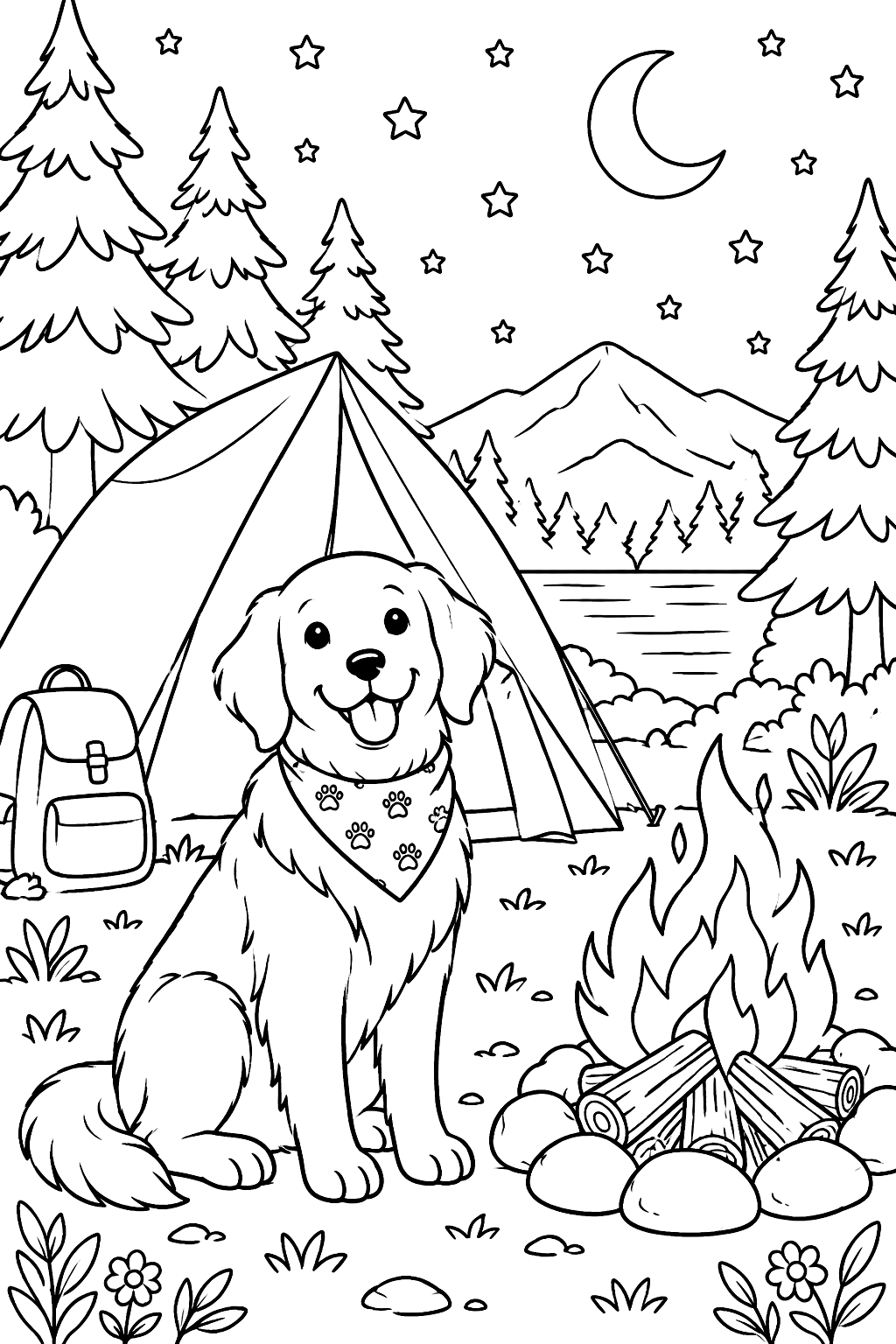 Dog sitting by a tent and campfire in the woods coloring page