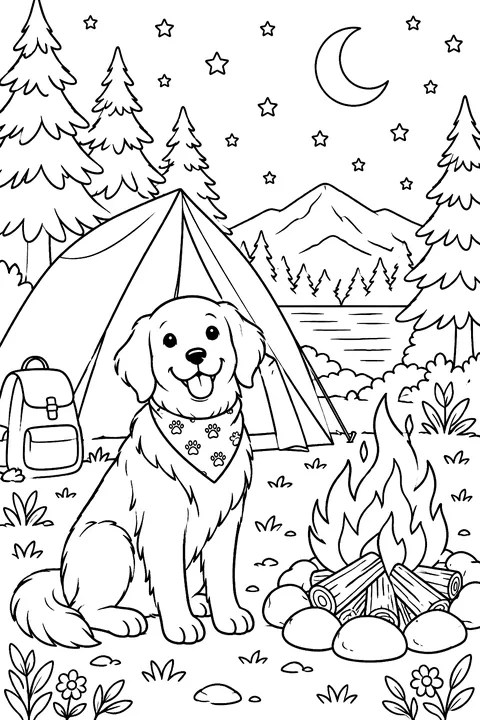 Dog sitting by a tent and campfire in the woods coloring page