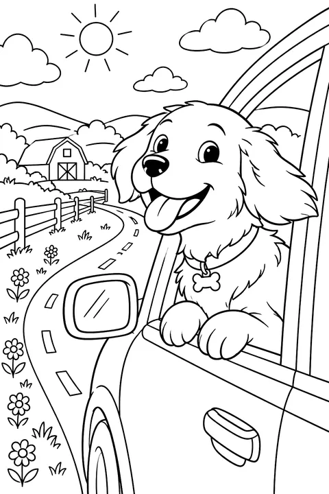Dog with its head out of a car window on a country road coloring page