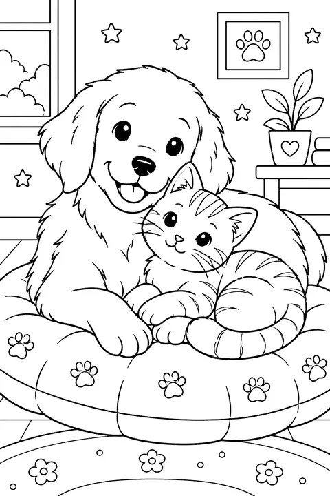Dog and kitten cuddling on a cushion coloring page