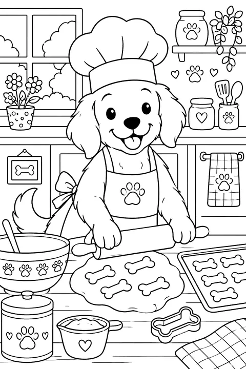 Dog in a chef hat baking dog treats coloring page