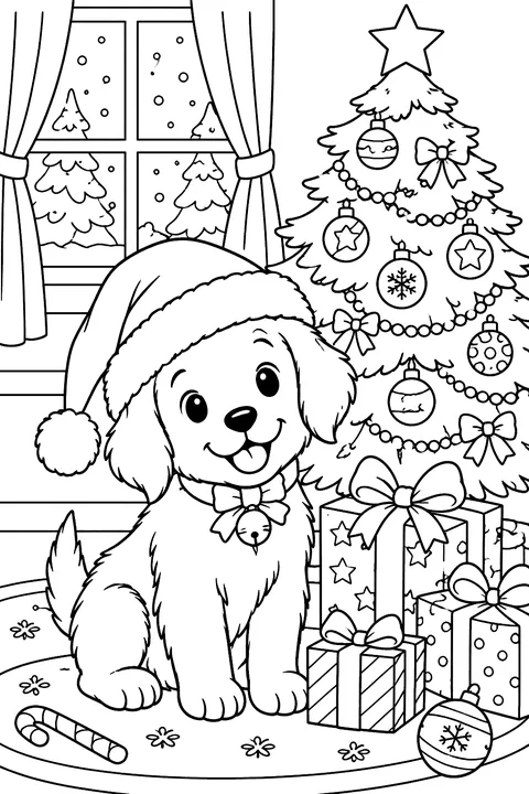 Puppy in a Santa hat beside a Christmas tree and presents coloring page