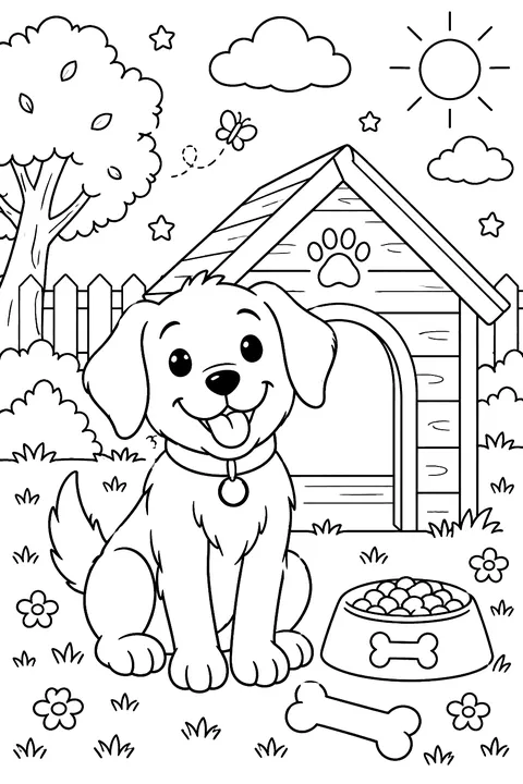 Happy dog in front of a wooden doghouse with a bone and bowl coloring page