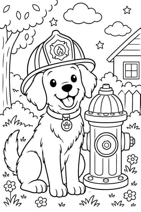 Dog in a firefighter helmet beside a fire hydrant coloring page