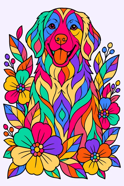 Dog with patterned fur surrounded by flowers and leaves coloring page
