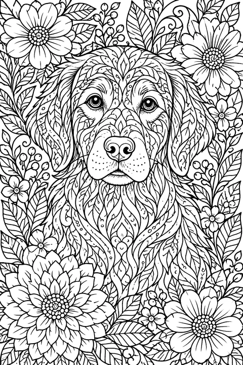 Dog with patterned fur surrounded by flowers and leaves coloring page