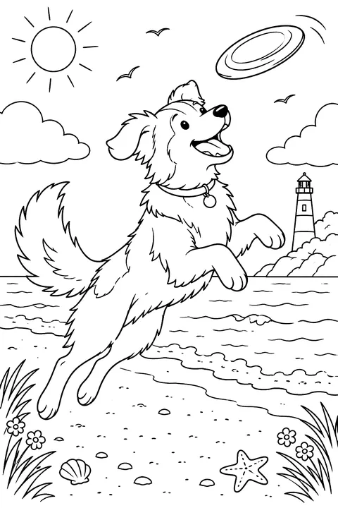 Dog leaping for a flying disc on a beach coloring page