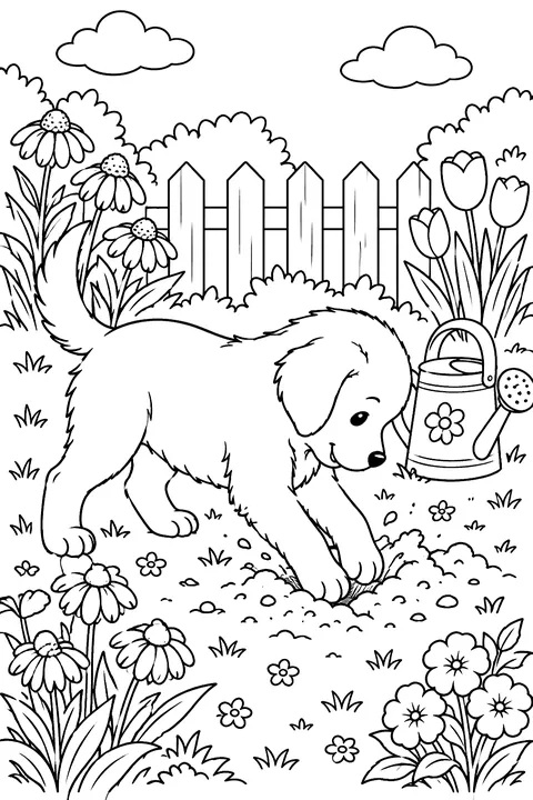 Puppy digging a hole in a flower garden with a watering can coloring page