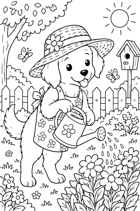 Dog in a straw hat watering a garden coloring page