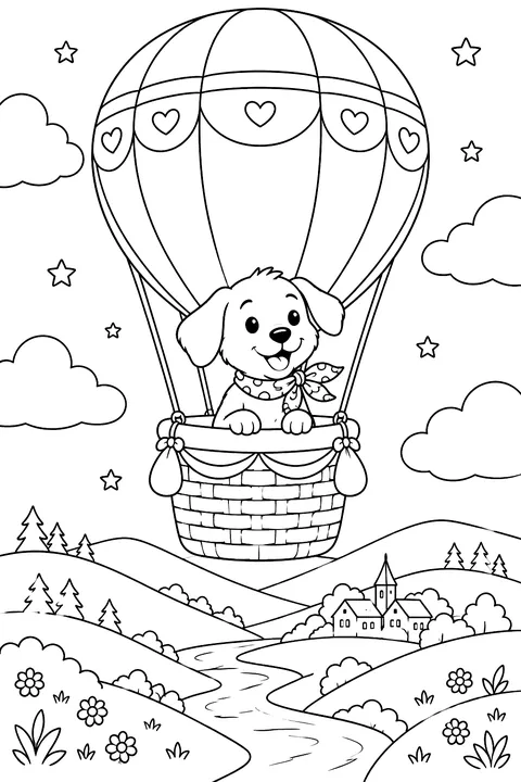 Dog flying in a hot air balloon over hills coloring page