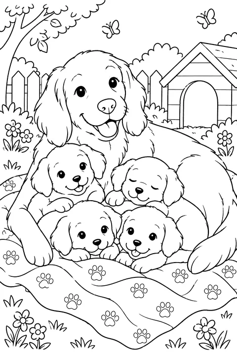 Mother dog lying with four puppies on a blanket coloring page