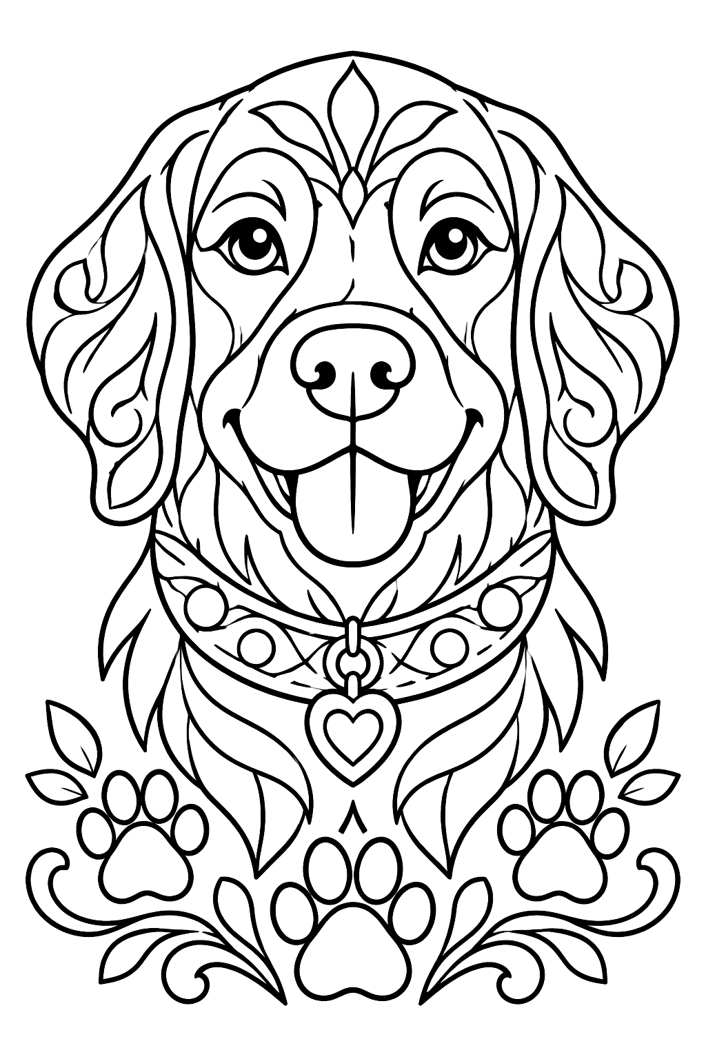 Decorative dog head with paw prints and ornaments coloring page