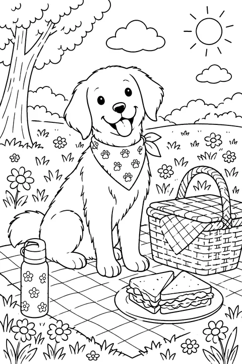 Dog on a picnic blanket with a basket and sandwiches coloring page