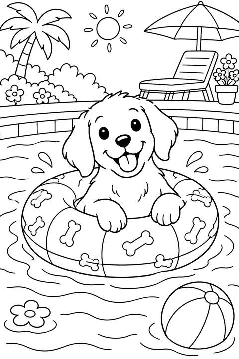 Dog on an inflatable ring in a swimming pool coloring page