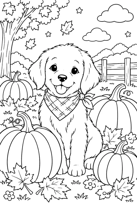 Puppy sitting among pumpkins and autumn leaves coloring page