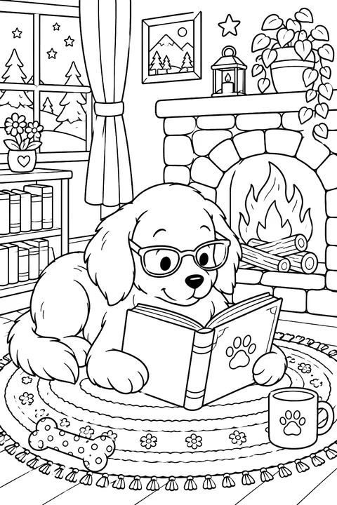 Dog wearing glasses reading a book by a fireplace coloring page